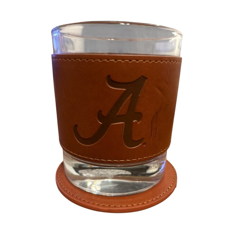 Alabama Crimson Tide Whiskey Glass Leather Wrap & Coaster Script A NCAA Barware